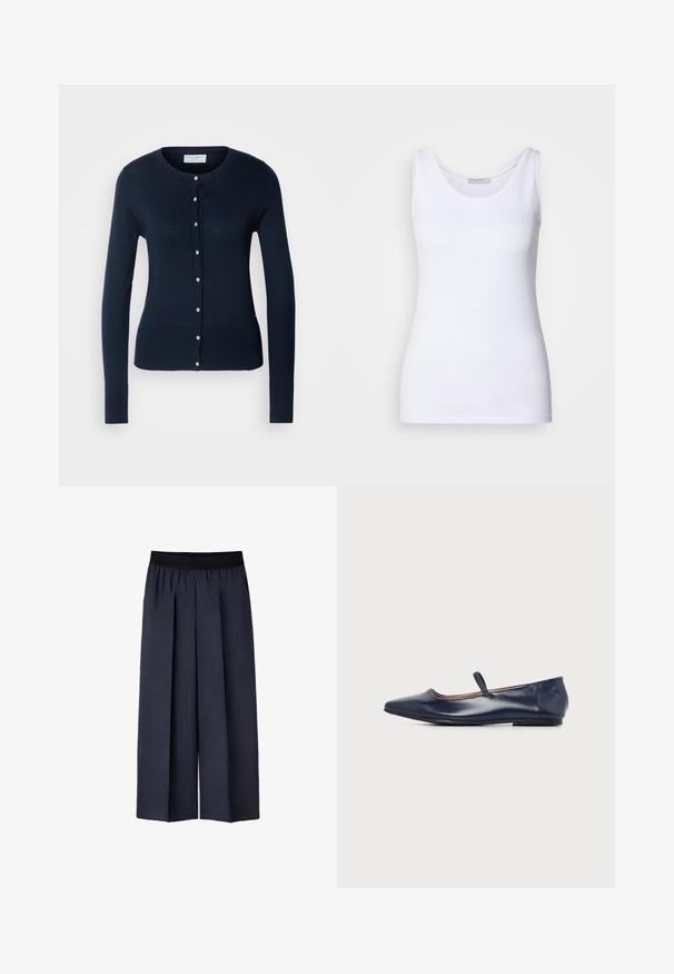 Cardigan tricoté bleu marine avec des manches longues, des bords côtelés et un devant à boutons featuring de petits boutons dorés.; Débardeur blanc en tissu lisse et extensible. Il possède un décolleté arrondi et des bretelles larges. L'ourlet se situe juste en dessous de la taille. Sans motifs ni accents.; Pantalons larges bleu marine foncé avec une ceinture élastique noire, dotés de plis avant et d'un tissu lisse et texturé.; Chaussure plate en cuir bleu marine avec bout pointu et une fine bride sur le dessus du pied, vue de côté sur fond blanc.