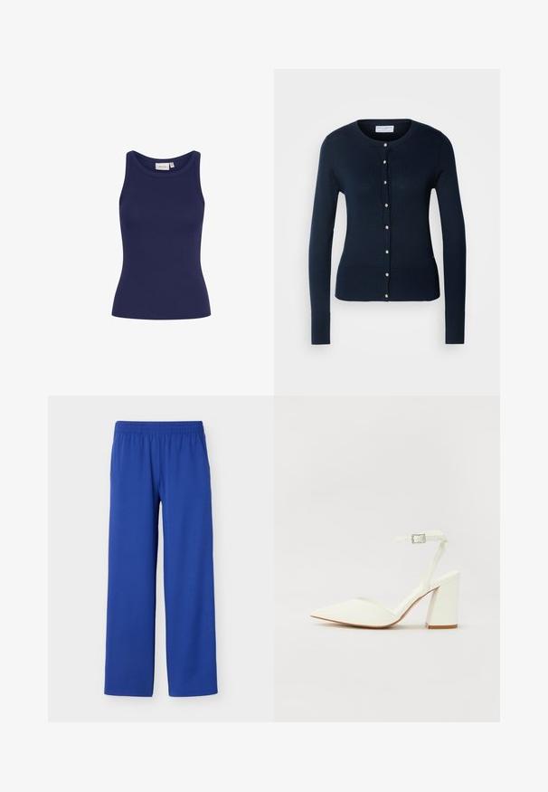 Tummansininen neulecardigan, jossa on pitkät hihat, ribbauskynkäät ja napitettava etuosa, jossa on pieniä kultaisia nappeja.; Tummansininen ribbimäinen tanktoppi, jossa on pyöreä kaula-aukko ja slim fit -leikkaus. Ominaisuuksiin kuuluu pehmeä tekstuuri, eikä siinä ole näkyviä varusteita tai kuvioita.; Siniset suoralahkeiset housut, joissa on joustava vyötärönauha, valmistettu sileästä kankaasta, esitetty vaalealla yksinkertaisella taustalla.; Valkoinen korkokenkä, jossa on teräväkärkinen muotoilu, säädettävä nilkkaremmi ja paksu neliönmallinen korko. Tasainen pinta, jossa on vain vähän ompelusaumoja.