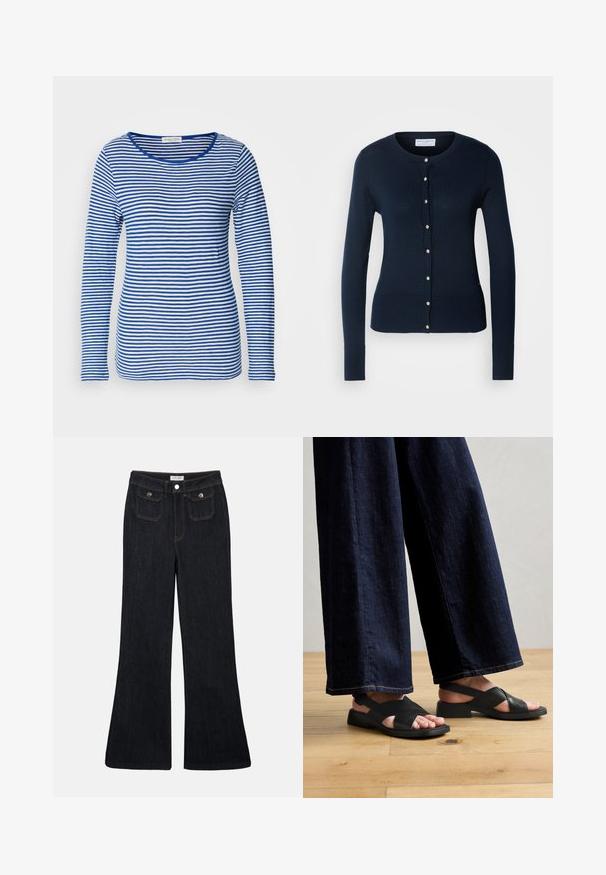 Marineblauwe gebreide cardigan met lange mouwen, geribbelde manchetten en een knoopsluiting aan de voorkant met kleine goudkleurige knopen.; Langsleeve shirt met een ronde hals, met afwisselend blauwe en witte horizontale strepen. Gemaakt van zachte, lichte stof.; Flared donkerdenim jeans met een hoge taille, twee voorzakken en oranje stiksels. Het materiaal lijkt stevig en glad.; Zwarte leren sandalen met een kruislings ontwerp, een platte zool en minimale hardware, gecombineerd met wijde donkere spijkerbroeken.