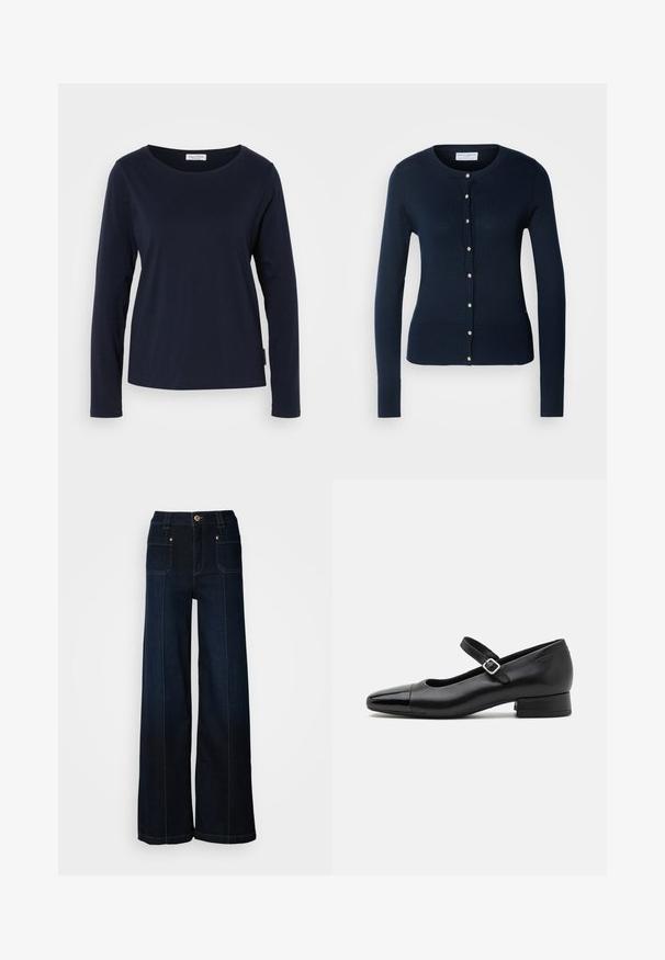 Marineblauwe gebreide cardigan met lange mouwen, geribbelde manchetten en een knoopsluiting aan de voorkant met kleine goudkleurige knopen.; Marineblauwe longsleeve T-shirt van zacht katoen, met een ronde hals en een rechte zoom met minimale details.; Lossere denim jeans in donkerblauw. Bevat voorzakken, goudkleurige hardware en contrasterende stiksels. Glad textuur met een casual ontwerp.; Zwarte leren Mary Jane schoenen met een gepatenteerde neus, verstelbare enkelband en lage blokhak. Een gladde textuur en een elegante uitstraling.