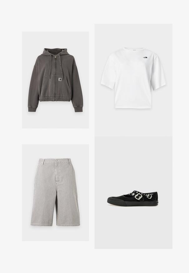 Mørkegrå hættetrøje med lynlås, frontlomme, snoretræk, ribkanter, elastisk kant og lille Carhartt-logo på lommen.; Hvid T-shirt med korte ærmer og rund hals med The North Face-logo i sort på venstre bryst.; Bermuda-shorts med tynde lodrette sorte og hvide striber, frontknaplukning, bæltestropper og sidelommer.; Vans MARY JANE - Ballerinasko - black