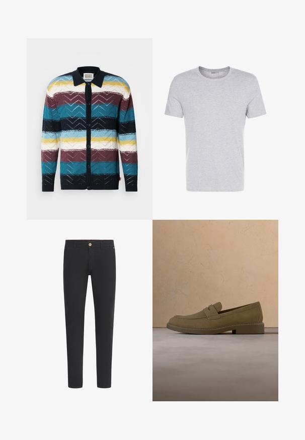 Strik cardigan med et geometrisk mønster med skiftende striber i teal, burgunder, marineblå, gul og hvid, afsluttet med en krave og knapper.; Grå bomulds T-shirt med rund hals, korte ærmer og et enkelt design, som har en blød, glat tekstur uden synlige mønstre eller udsmykninger.; Sorte chinos lavet af blanding af bomuld, med et slim fit design, knaplukning, bæltestropper og sidelommer. Glat tekstur hele vejen igennem.; Brun mokkalærreds loafersko svæver over et tekstureret beige tæppe i en stue med et træ sofabord og stabler af bøger.