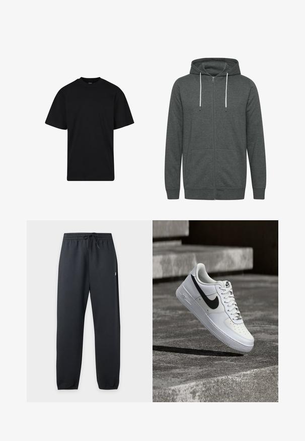 Sudadera con cremallera gris, con un cierre delantero, dos bolsillos laterales y cordones en gris claro. Tejido suave con puños y dobladillo de canalé.; Camiseta negra de manga corta con cuello redondo, corte holgado, diseño liso y sin logotipos ni patrones visibles.; Pantalones deportivos negros con cintura elástica, cordón y puños en los tobillos, exhibidos sobre un fondo liso y claro.; Zapatilla blanca Nike Air Force 1 con el logo Swoosh negro, cordones atados, posicionada en el aire sobre una superficie de concreto texturizado al aire libre.