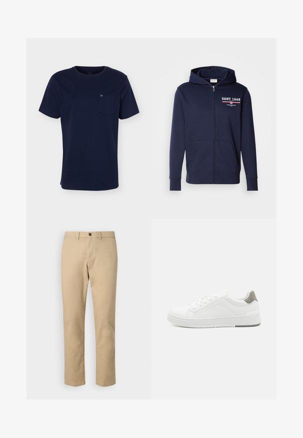 Dunkelblaue Zip-Upgrade-Jacke aus weichem Stoff mit dem Logo "GANT 1949" in Weiß und Rot. Enthält Fronttaschen und eine Kapuze mit Kordelzug.; Marineblaues T-Shirt mit kurzen Ärmeln und Rundhalsausschnitt mit einer Brusttasche, die ein kleines Logo auf einfarbigem Hintergrund zeigt.; GAP SLIM PERFORMANCE STRETCH - Chino - khaki; Weißer Sneaker aus glattem Leder, runde Zehenpartie, minimalistisches Design, graue Fersenkante und strukturierte Gummisohle.