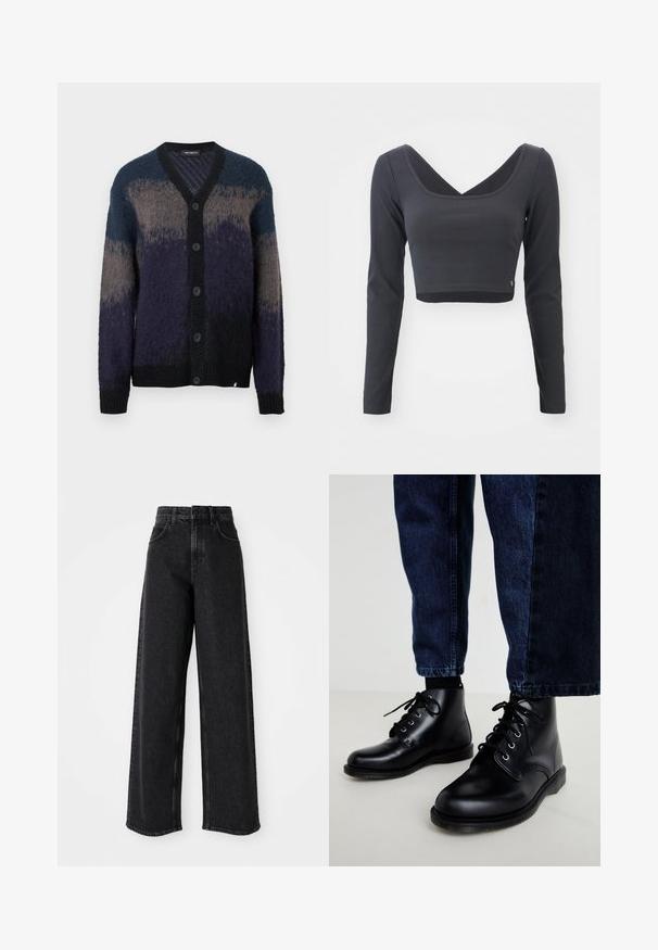Geplooide cardigan met lange mouwen in gradaties van blauw, grijs en zwart, met een V-hals en geribbelde manchetten en onderrand.; Langermige, cropped top van donkergrijze ribstof. Kenmerkt zich door een diepe V-halslijn en een effen kleur met een klein logo aan de zoom.; Zwarte high-waisted wide-leg jeans van denim, met een klassiek vijf-pocket ontwerp en subtiele stikdetails.; Zwarte leren enkellaarzen met ronde neuzen, een vetersluiting, zilveren veteroogjes en getextureerde zolen, gecombineerd met donkerblauwe spijkerbroeken.