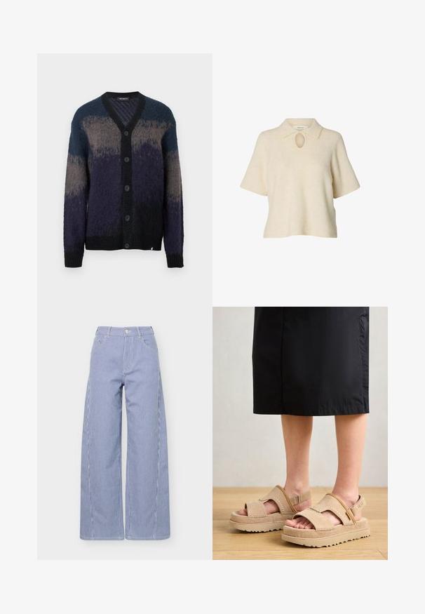 Cardigan à boutons avec des manches longues dans des dégradés de bleu, gris et noir, présentant un col en V et des poignets et un ourlet côtelés.; Haut polo beige en maille à manches courtes avec col polo, doté d'un détail en forme de trou de serrure au niveau du cou. Texture douce et coupe décontractée.; Pantalon à jambes larges bleu et blanc à rayures verticales, avec poches avant et fermeture boutonnée à la taille.; Sandales en suede beige avec un design à bout ouvert, une semelle épaisse et une sangle ajustable. Présente des accents cousus et une surface texturée.