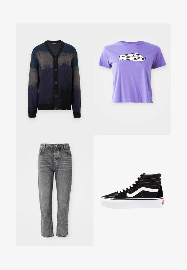 Knapstrikket cardigan med lange ærmer i gradient nuancer af blå, grå og sort, med V-hals og ribbede manchetter og kant.; Lilla bomulds T-shirt med et sort-hvidt ko grafisk design. Korte ærmer og en afslappet pasform med rund halsudskæring.; Grå denim jeans med høj talje, lige ben, der har forlommer og en lille metal knapdetalje ved taljen.; Sorte høj-top sneakers med hvide snørebånd, et hvidt logo og kontrasterende hvid syning. Har en tyk hvid sål og struktureret ruskindsoverdel.