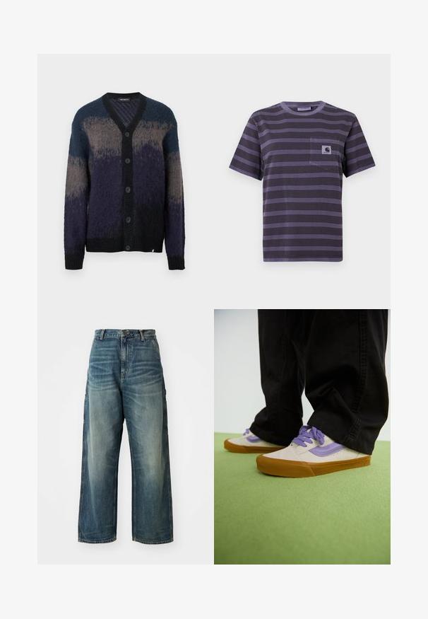 Geplooide cardigan met lange mouwen in gradaties van blauw, grijs en zwart, met een V-hals en geribbelde manchetten en onderrand.; Paarse gestreepte t-shirt met een zak op de linkerkant van de borst, voorzien van horizontale zwarte strepen. Zacht stof, korte mouwen, ronde hals.; Wijd uitgesneden denim jeans in een vervaagde blauwe wassing. Bevat een knoopsluiting, vijf zakken en zichtbare stiksels. Materiaal heeft een zachte textuur.; Lichtbeige sneakers met paarse accenten, rubberen gumzool en platte veters. Draag ze met zwarte broeken, gepresenteerd op een groene gestructureerde ondergrond.