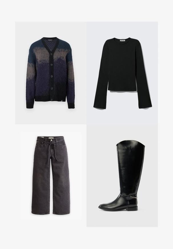 Buttoned cardigan with long sleeves in gradient shades of blue, gray, and black, featuring a V-neck and ribbed cuffs and hem.; Black long-sleeve crewneck shirt with a fitted silhouette and slightly flared sleeves, labeled with "Weekday" brand tag at the neckline.; Black wide-leg jeans made of denim, featuring a drawstring waist, five pockets, and contrast stitching details. Flat-front design.; Tall black leather boot with a pointed toe, low heel, and silver metal ankle detail on a plain white background.