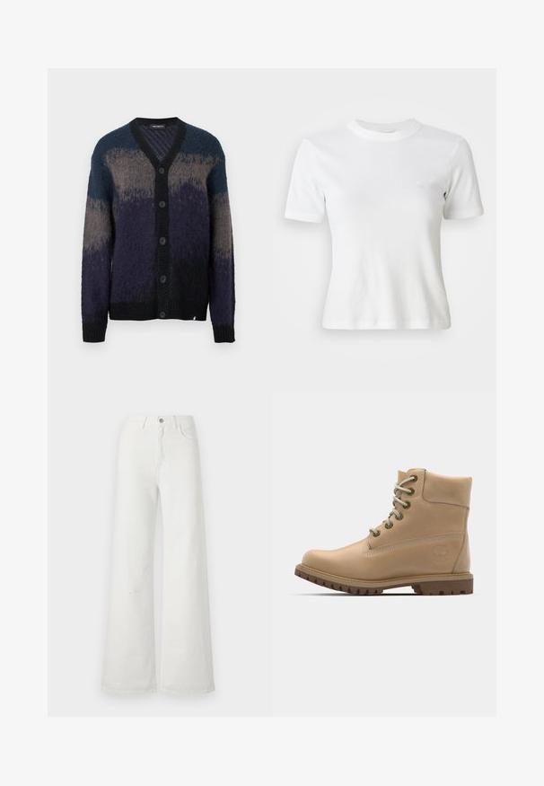 Geknöpfter Cardigan mit langen Ärmeln in Farbverlaufstufen von Blau, Grau und Schwarz, mit V-Ausschnitt und gerippten Bündchen und Saum.; Weiße, gerippte Kurzarm-T-Shirt mit Rundhalsausschnitt und kleinem Logo auf der Brust. Aus weichem Stoff gefertigt mit taillierter Passform.; Weiße Jeans mit weitem Bein, mit vorderem Knopf und Taschen, vor einem schlichten hellen Hintergrund präsentiert.; Beige Leder Stiefeletten mit runder Spitze, beigen Schnürsenkeln und robuster Sohle. Mit Seitennähten und einem runden Logo an der Ferse.