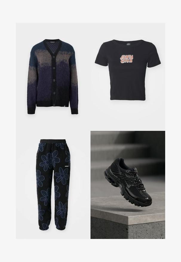 Geplooide cardigan met lange mouwen in gradaties van blauw, grijs en zwart, met een V-hals en geribbelde manchetten en onderrand.; Zwarte cropped t-shirt van katoen, met een kleurrafische "SANTA CRUZ" graphic op de voorkant. Korte mouwen en een ronde hals.; Fleece joggers met een zwarte achtergrond en een donkerblauw bloemenpatroon. Voorzien van een elastische tailleband en zijzakken. Zachte textuur.; Zwarte Nike hardloopschoen met mesh en synthetische bovenkant die boven een betonnen oppervlak en trappen op de achtergrond zweeft.