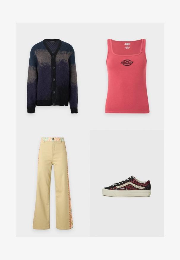Geknöpfter Cardigan mit langen Ärmeln in Farbverlaufstufen von Blau, Grau und Schwarz, mit V-Ausschnitt und gerippten Bündchen und Saum.; Rotes, geripptes Tanktop mit quadratischem Ausschnitt und schwarzem Dickies-Logo in der Mitte der Brust, Größe S.; Beige, weit geschnittene Hose mit hohem Bund, Knopfverschluss, geblümtem Taillenband und seitlichen Streifen in Pastellfarben.; Vans OLD SKOOL 36 UNISEX - Sneaker low - bordeaux