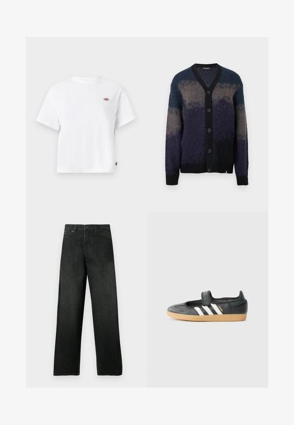 Geplooide cardigan met lange mouwen in gradaties van blauw, grijs en zwart, met een V-hals en geribbelde manchetten en onderrand.; Witte katoenen T-shirt met een relaxte pasvorm, voorzien van een klein logo-opdruk op de borst en een label aan de zijkant voor een extra detail.; Zwarte denim jeans met rechte pijpen, voorzakken en lusschachten voor een riem, knoop- en ritssluiting, tentoongesteld tegen een effen achtergrond.; Zwarte leren en suède sneaker met een klittenbandsluiting, voorzien van drie witte strepen en een gumzool, met de naam "SAMBA" aan de zijkant.
