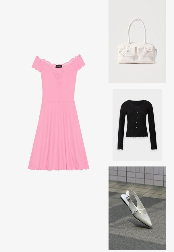 Sort langærmet cardigan i strikket stof med ribstrikket struktur, V-udskæring og fem dekorative knapper foran. Flosset kant.; Lyserød off-the-shoulder kjole lavet af ribbet stof, med en rynket bodice, flagrende skørt og bølgede kanter på ærmer og nederdel.; Hvid spids slingback flad sko med to sølvspænder, vist udendørs på tekstureret underlag og flisebelagt væg baggrund.; Hvid syntetisk håndtaske med to forlommer, hver med en bundet sløjfedetalje. Glat tekstur, afrundede håndtag og lynlås lukning.