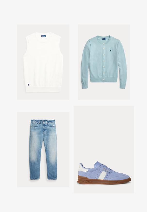 Svetlomodrý kardigán s dlhým rukávom, okrúhlym výstrihom, bielymi gombíkmi vpredu a malým tmavomodrým logom Polo Ralph Lauren na ľavej strane hrudníka.; Biely tielkový top z mäkkého materiálu, s rebrovaným výstrihom a lemom. Malé námornícke logo vyšívané v dolnom ľavom rohu.; Svetlomodré vyblednuté rovné rifle s prednými vreckami, zapínaním na gombík a zipsom a miernym opotrebovaním na pravom stehne.; Svetlomodrá teniska s bielym bočným pruhom, hnedou podrážkou a vyrazeným logom Polo na boku a na päte.