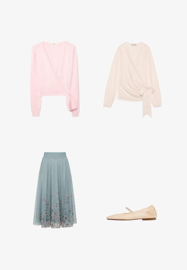 Pull-over rose pâle à manches longues, style cache-cœur, col en V et détail noué sur le côté à la taille, poignets côtelés et coupe courte.; Enveloppez le haut dans un tissu doux et léger de couleur rose pâle. Il présente des manches longues, un lien à la taille et un drapé délicat à l'avant.; Jupe midi bleu clair avec superposition transparente, motif floral le long de l'ourlet, et taille ajustée.; Chaussure de ballet plate beige avec un bout arrondi, une fine bride sur le cou-de-pied et un petit talon.