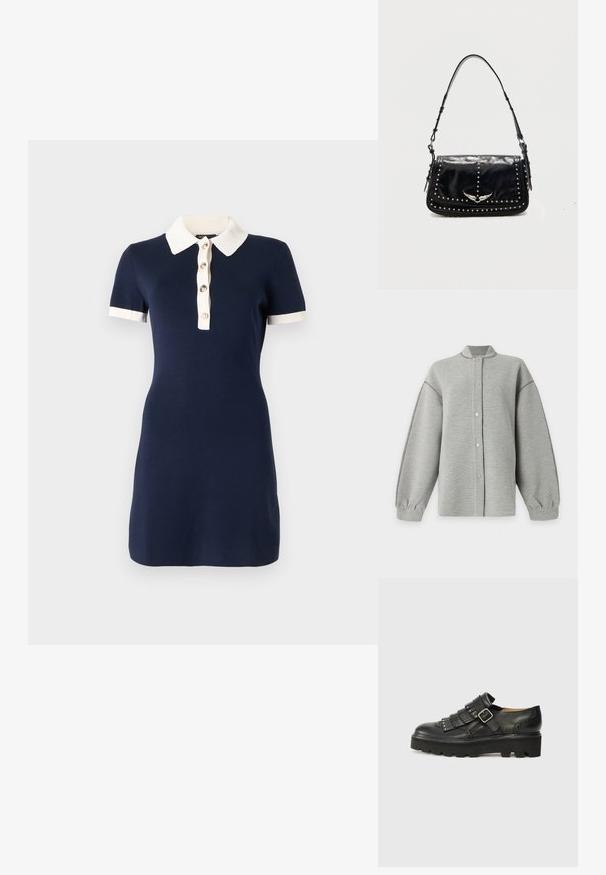 Veste gris clair à manches longues avec boutons-pression, poignets côtelés et petit col montant, présentée sur un fond blanc uni.; Robe bleu marine à manches courtes avec col blanc, poignets blancs et une patte de boutonnage frontale avec quatre boutons.; Chaussure en cuir noir dotée d'une semelle épaisse et texturée, d'une boucle décorative et d'un design plissé avec des clous en métal sur le dessus.; Sac à épaule en cuir noir avec des clous argentés et un emblème métallique ailé sur le rabat avant sur fond uni.