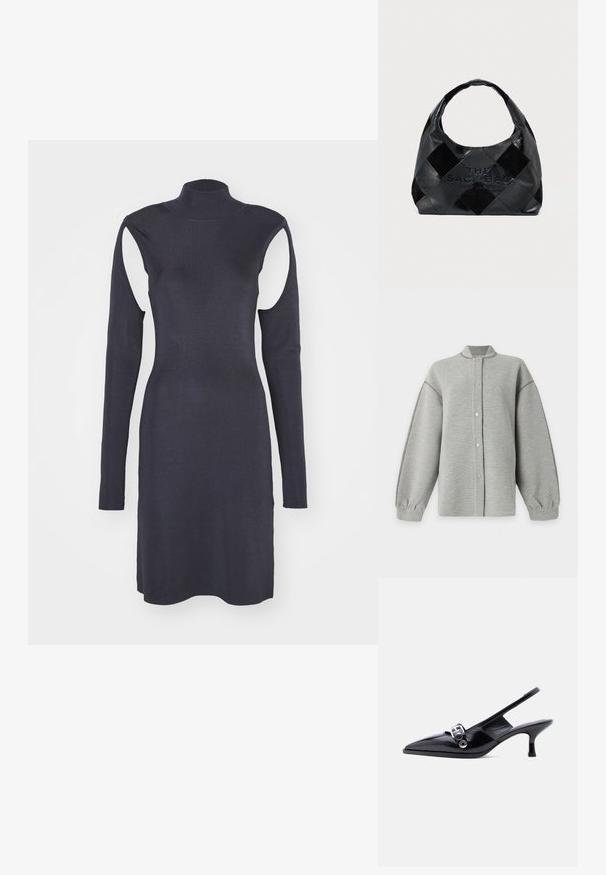 Hellgraue Langarmjacke mit Druckknöpfen, gerippten Bündchen und kurzem Stehkragen, vor schlichtem weißem Hintergrund dargestellt.; Marineblaues geripptes Kleid mit hohem Kragen, langen Ärmeln und Ausschnitten an den Schultern. Enganliegendes Design mit geradem Saum. Angenehme Textur.; Schwarzer Slingback-Pumps aus Lackleder mit kleinem Absatz, spitzer Zehenpartie und silberner Schnallendetail, auf einfachem weißem Hintergrund.; Schwarze Lederhandtasche mit gewebtem Design, großem Öffnungsbereich, robustem Griff und eingeprägter Beschriftung auf der Vorderseite.