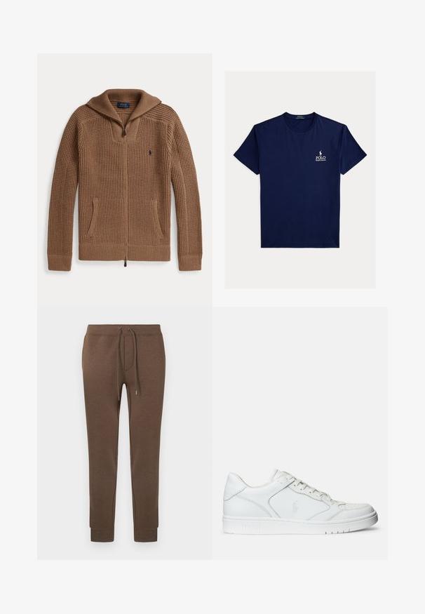 Brun strikket trøje med lynlås, med ribbet krave, manchetter og kant, forlommer og lille mørkeblå broderet Polo Ralph Lauren-logo på brystet.; Mørkeblå T-shirt med korte ærmer og rund halsudskæring med lille hvid Polo Ralph Lauren-logo på venstre bryst.; Brune joggingbukser i et blødt, elastisk materiale med elastik i taljen, snørebånd og ribstrikkede manchetter. Lille logo øverst til venstre.; Hvide lædersneakers med en glat tekstur, der har en perforeret tå, snørebåndslukning og broderet logo på siden. Hvid gummisål.