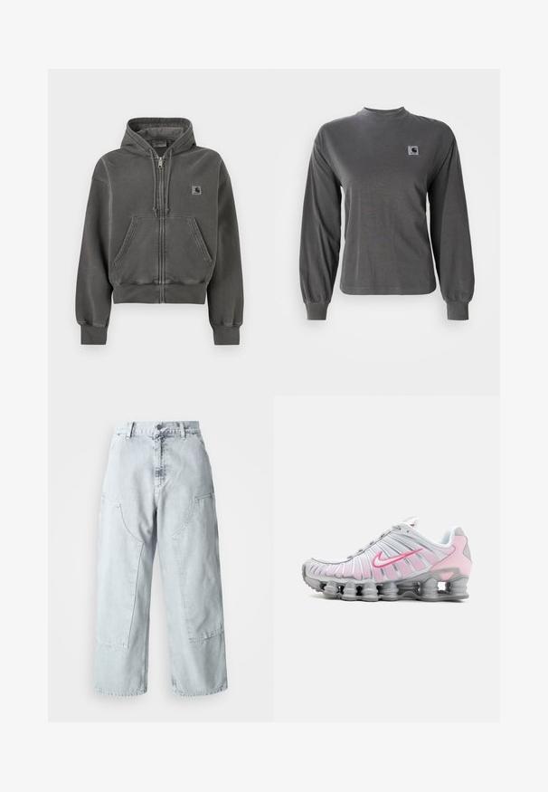 Dunkelgrauer Kapuzenpullover mit Reißverschluss, Fronttaschen, Kordelzug an der Kapuze, gerippten Bündchen und einem kleinen Carhartt-Logo-Patch auf der Brust.; Langärmliges graues T-Shirt aus Baumwolle, mit rundem Ausschnitt und elastischen Bündchen, mit einem kleinen quadratischen Logo auf der Brust.; Helle blaue Denim-Hosen mit weitem Bein, großen Seitentaschen, hohem Bund und lockerer Passform. Abgenutzte Textur mit verwaschenem Finish.; Nike Sportschuh in Weiß und Hellrosa. Mit einem Obermaterial aus Mesh und einer markanten, gewölbten Sohle mit sichtbarer Luftpolsterung.