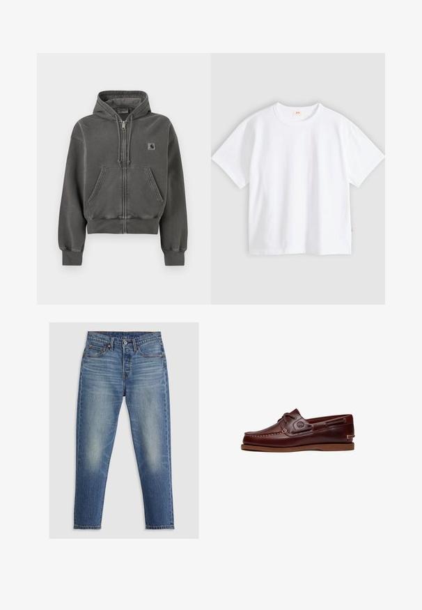 Dunkelgrauer Kapuzenpullover mit Reißverschluss, Fronttaschen, Kordelzug an der Kapuze, gerippten Bündchen und einem kleinen Carhartt-Logo-Patch auf der Brust.; Weißes Baumwoll-T-Shirt mit kurzen Ärmeln, rundem Ausschnitt, lockerer Passform, glatter Textur und einem kleinen Logetikett an der linken Seitennaht.; Hellblaue Denim-Jeans mit geradem Schnitt, fünf Taschen, Knopfverschluss und dezenten Ausbleichungen an den Oberschenkeln. Sichtbare Kontrastnähte.; Brauner Leder-Bootsschuh mit Schnürsenkeln, Nahtdetails und Timberland-Logo an der Seite, auf weißem Hintergrund gezeigt.