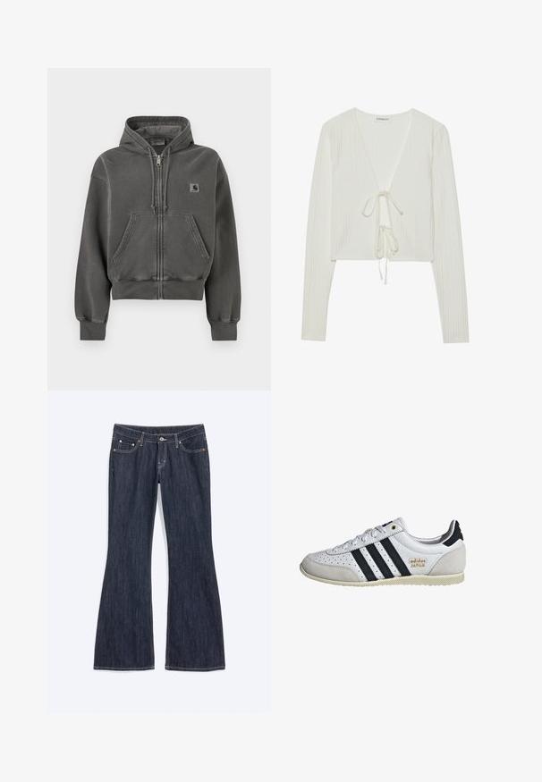Mørkegrå hættetrøje med lynlås, forlommer, snøre i hætten, ribstrikkede ærmekanter og et lille Carhartt-logo på brystet.; Hvid ribbet crop top med lange ærmer, dyb V-halsudskæring og snøre foran. Blød tekstur med subtil mønstring.; Mørkeblå denim jeans med en let vidde forneden, med forlommer, knap og synlige syningsdetaljer.; Hvide sneakers med sorte striber og guldbranding. Fremstillet af suede og lædermaterialer, med perforeret overdel og struktureret gummisål.