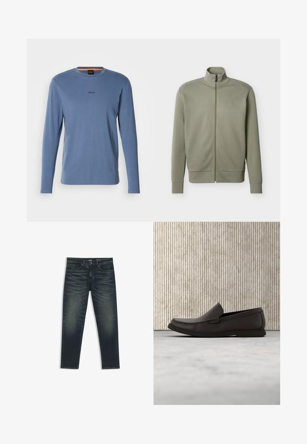 Herenjack in olijfgroen met ritssluiting, hoge kraag, geribbelde manchetten en zoom, en een subtiel "BOSS" logo op de borst.; Langsleeve blauwe T-shirt van zachte stof, met een ronde halslijn en het "BOSS"-logo in donkergrijs op de borst.; Donkerblauwe slim-fit jeans met lichte verkleuring op de dijen, voorzakken en een knoop- en ritssluiting in de taille.; Donkerbruine leren instappers met een ronde neus, subtiele stikdetails en een lage rubberen zool. Gladde textuur met een flexibele pasvorm.