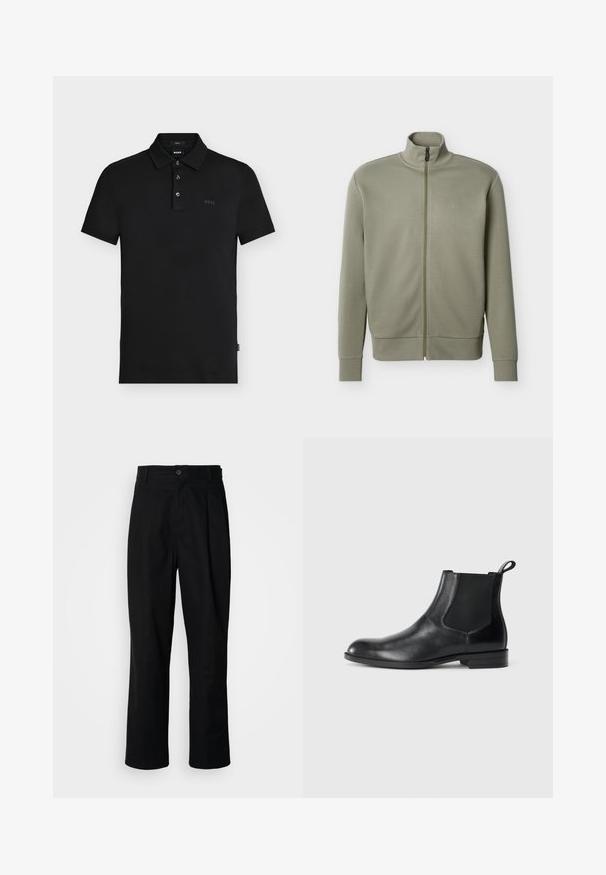 Herenjack in olijfgroen met ritssluiting, hoge kraag, geribbelde manchetten en zoom, en een subtiel "BOSS" logo op de borst.; Zwarte slim-fit poloshirt met drie knopen, korte mouwen en een subtiel "BOSS"-logo op de borst en binnen de kraag.; Zwarte rechte broek met een knoopsluiting, lusjes voor een riem en een voornaad, gepresenteerd tegen een effen witte achtergrond.; Zwarte leren enkelboot met elastische zijpanelen, ronde neus en een trekhaak. Gladde textuur, platte zool, minimalistisch ontwerp.