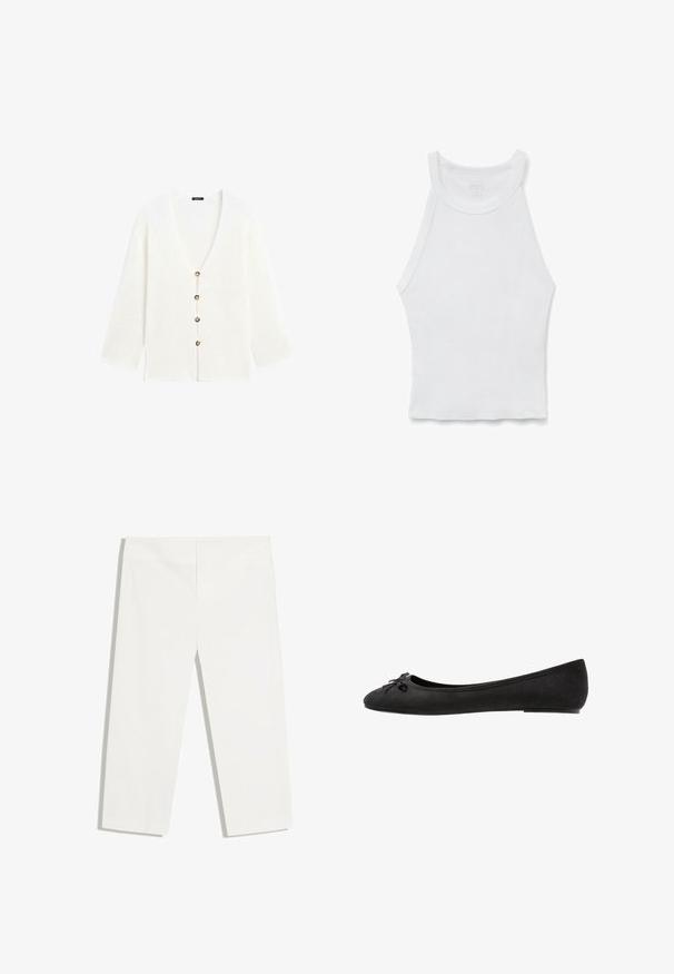 Hvid strikket cardigan med lange ærmer og fire brune knapper foran, der har en dyb V-hals og sideslidser.; Hvid ærmeløs ribbet tanktop med høj halsudskæring og tætsiddende silhuet, lagt fladt på en hvid baggrund.; Hvide bukser med lige ben, et rent frontdesign uden synlige lommer eller knapper, lagt fladt på en hvid baggrund.; Sorte ruskind ballet flats med rund tå, prydet med en dekorativ sløjfe på forsiden og flad sål. Glat tekstur og klassisk form.
