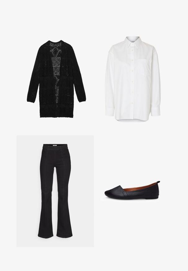 Åben-front sort cardigan lavet af strikket stof, med et struktureret mønster og geometriske former samt lange ærmer.; Hvid langærmet skjorte med knapper, spids krave og brystlomme, vist mod en ensfarvet baggrund.; Sorte flared jeans lavet af denim, med høj talje, diskret front sømdetalje og et klassisk fem-lomme design.; Sorte læder flade sko med spids tå, en glat overflade, lav profil og en lille bagside; indersiden har en brun foring.