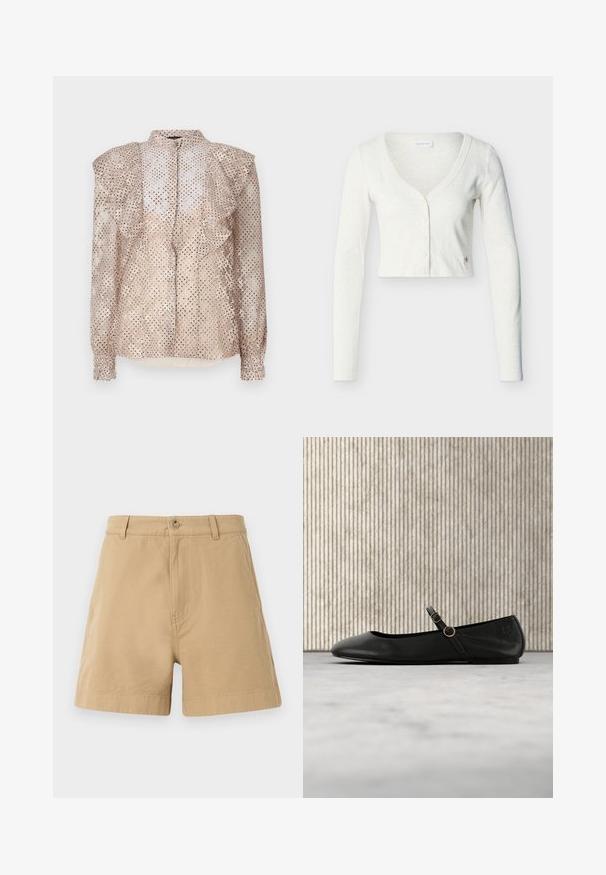 Cardigan blanc court à manches longues avec col en V et cinq boutons sur le devant, sur un fond clair uni.; Blouse beige avec un motif à pois, épaules volantes et manches longues. Présente un devant à boutons et un tissu léger et transparent.; Shorts beige en coton, avec un design classique, fermeture à bouton à l'avant et passants de ceinture. Texture lisse avec poches latérales.; Ballerine en cuir noir avec bout arrondi, dotée d'une fine lanière et d'une boucle circulaire dorée. Texture lisse et design minimaliste.