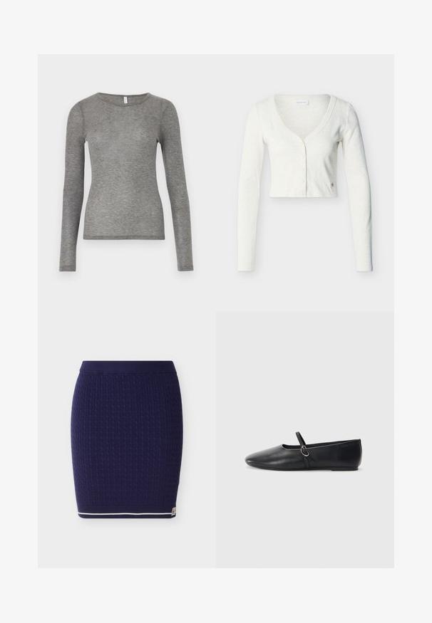 Cardigan blanc court à manches longues avec col en V et cinq boutons sur le devant, sur un fond clair uni.; Samsøe Samsøe SADOU - T-shirt à manches longues - grey; Jupe en maille bleu marine avec un motif torsadé texturé. Présente une taille côtelée et une bande blanche en accent le long de l'ourlet inférieur.; Ballerines noires en cuir avec un bout pointu, une semelle plate et une petite sangle avec un détail de boucle en argent.
