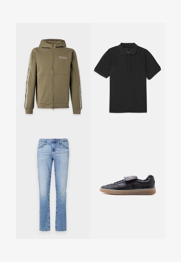 Olivovo zelená mikina na zips s kapucňou, dlhými rukávmi, bočnými pruhmi a logom EA7 Emporio Armani na hrudi a rukávoch.; Čierna polo košeľa s krátkymi rukávmi, golierom a zapínaním na tri gombíky. Vyrobená z hladkej, ľahkej látky, s klasickým dizajnom.; Svetlomodré džínsy s rovnými nohavicami, so zapínaním na gombík, piatimi vreckami a miernym vyblednutím látky.; Čierna nízka teniska s textúrovaným vzorom, gumovou podrážkou, šnurovaním vpredu a označenou chlopňou s nápisom "ICEBERG" na boku a jazyku.