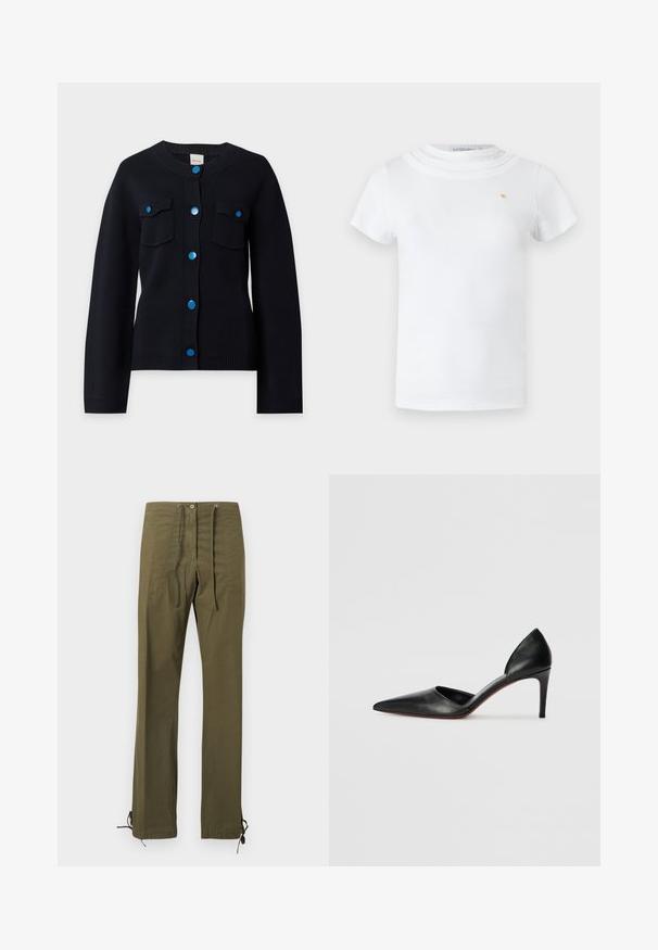 Sort cardigan med lange ærmer, rund halsudskæring, to forlommer og seks blå trykknapper ned foran i midten.; Hvid T-shirt med korte ærmer, rund lagdelt halsudskæring og lille guldfarvet emblem på venstre bryst.; Olivengrønne bomuldsbukser med afslappet pasform, forreste folder, snøre i taljen og justerbare bånd ved buksekanterne til tilpasning.; Sorte læder højhælede pumps med spidse tæer, åbne sider og en slank silhuet. Har en tynd hæl og rød sål som accent.