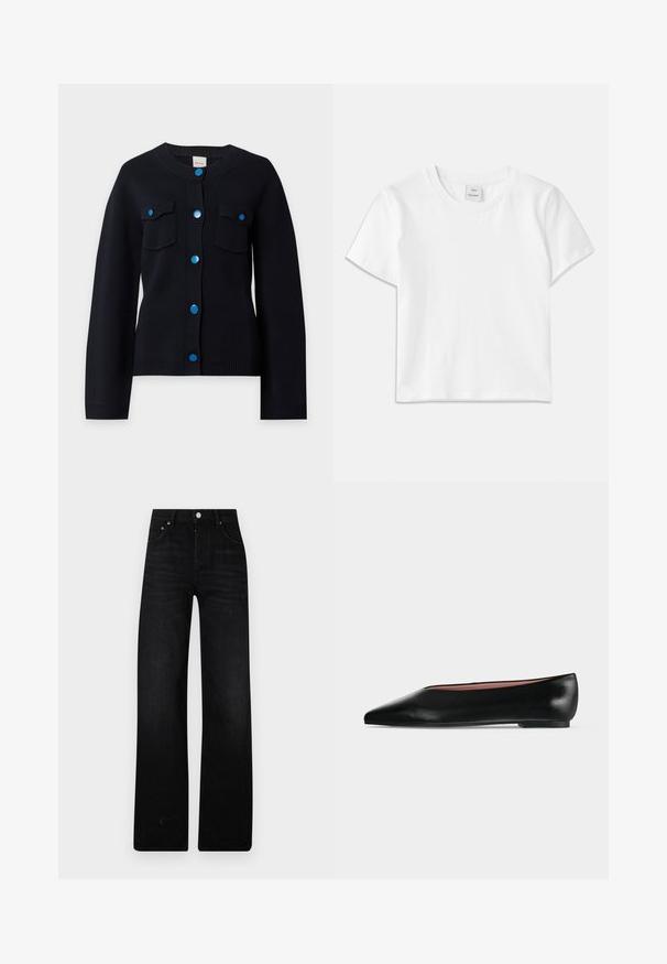 Cardigan noir à manches longues avec col rond, deux poches à l'avant et six boutons-pression bleus au centre devant.; T-shirt en coton blanc avec un col rond, des manches courtes et un ourlet droit. Étiquette marquée "Won Hundred" au centre de l'encolure.; Jeans noirs à jambe large en denim. Présentent une taille haute, deux poches avant et une fermeture par bouton métallique. Fini texturé avec un léger délavage.; Chaussure plate en cuir noir pour femme, avec bout pointu et petit talon, vue de côté sur un fond gris clair uni.