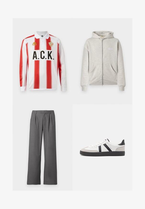 Lysegrå hættetrøje med fuld lynlås, forlommer, ribstrikkede ærmeafslutninger og kant, samt hvid tekst "the new originals" på venstre bryst.; Langærmet polo shirt, hvid med røde lodrette striber, med sort "A.C.K." skrift og guld "Kappa" logo på venstre bryst.; Grå vide benbukser lavet af glat stof, med en plisseret front, sidelommer og en skrædderlavet talje med bæltestropper.; Hvide sneakers med sorte og grå detaljer, med en tekstureret grå tåhætte, sort gummisål og flade hvide snørebånd. Rent design, minimalistisk stil.