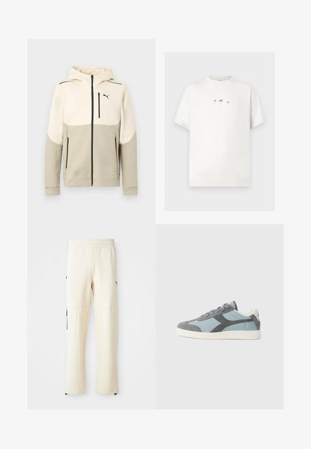 Sudadera con capucha beige de dos tonos con cremallera, bolsillo frontal en el pecho, bolsillos laterales, cremalleras negras y un pequeño logotipo de Puma en el pecho izquierdo.; Camiseta blanca de manga corta con pequeñas flores moradas y tallos verde claro bordados en el pecho debajo del cuello.; Pantalones de chándal de color beige claro, hechos de un tejido suave. Presentan un logo negro, bolsillos laterales con cremalleras y un corte relajado.; Diadora KICK - Zapatillas - high rise