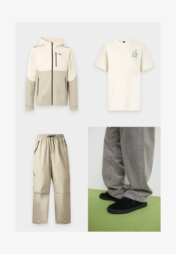 Sudadera con capucha beige de dos tonos con cremallera, bolsillo frontal en el pecho, bolsillos laterales, cremalleras negras y un pequeño logotipo de Puma en el pecho izquierdo.; Camiseta de algodón color crema con mangas cortas, con un logotipo gráfico azul de The North Face y el texto "Yosemite, CA" en el pecho.; Pantalones beige ligeros con cintura elástica, cordón negro y bolsillos laterales con cremallera, mostrados de frente sobre un fondo liso.; Zapatillas de skate de ante negro con un acabado texturizado y un logo, combinadas con pantalones de pana gris con una textura acanalada. Superficie del suelo en verde.