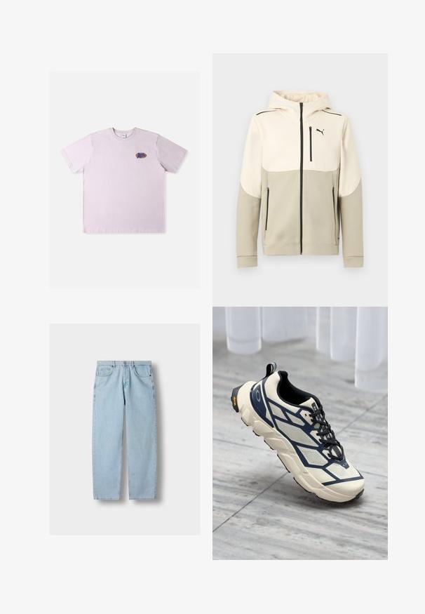 Zweifarbiger beige Kapuzenpullover mit Reißverschluss, vorderer Brusttasche, Seitentaschen, schwarzen Reißverschlüssen und kleinem Puma-Logo auf der linken Brust.; Rosa Baumwoll-T-Shirt mit kurzen Ärmeln, das ein kleines mehrfarbiges Logo auf der linken Brustpartie zeigt. Einfaches, legeres Design.; Hellblaue gerade geschnittene Denim-Jeans mit Vordertaschen, Gürtelschlaufen und Knopfverschluss auf grauem Hintergrund.; Leichtgewichtiger Laufschuh mit einem cremefarbenen Obermaterial, navyblauen Akzenten, strukturiertem Mesh und einer gepolsterten Sohle; ausgestattet mit einer schwarzen Gummiferse und einem Logo.