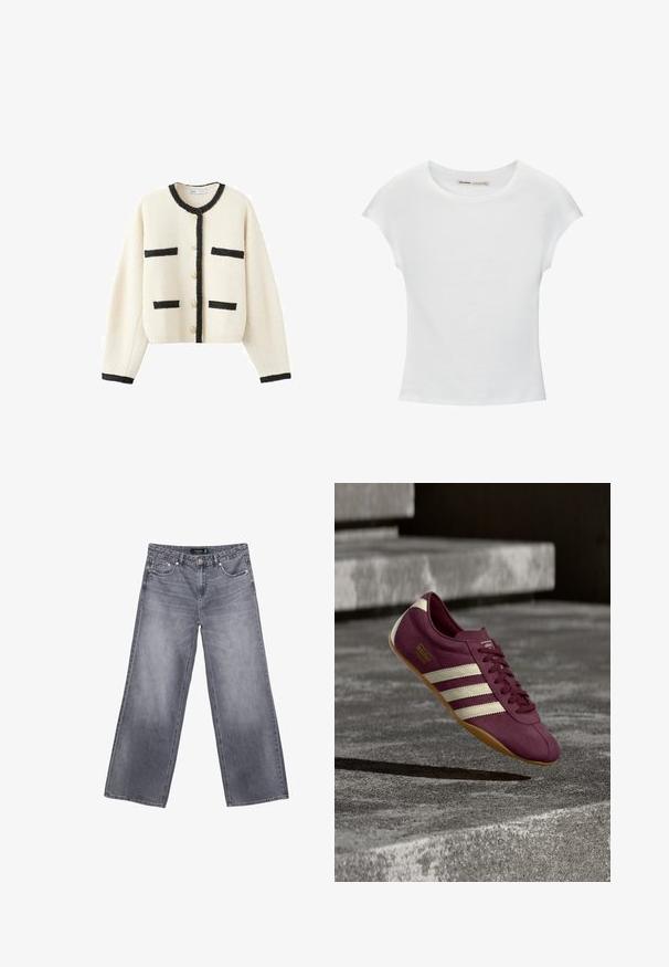 Cardigan boutonné de couleur crème avec bordure noire sur le col, les poignets, les bords avant et les détails des poches rectangulaires, présenté sur un fond blanc.; T-shirt en coton blanc avec manches courtes retroussées, encolure ronde et ourlet droit. Texture lisse sans motifs ni accents visibles.; Un jean en denim gris à jambes larges avec une finition décolorée, une fermeture à bouton et un design à cinq poches. Il présente des coutures à double surpiqûre et des accessoires en métal argenté.; Baskets Adidas Tokyo violettes avec des bandes blanches et une semelle en gomme qui semblent flotter au-dessus d'escaliers en béton dans une lumière douce.