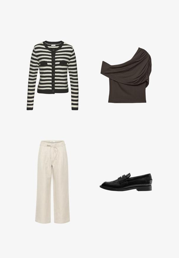 Sort-hvid stribet cardigan med struktureret strik, rund halsudskæring og knaplukning. Har to brystlommer og lange ærmer.; Asymmetrisk sort off-shoulder top med et enkelt langt ærme og samlet, draperet stof på den ene side.; Beige linned brede bukser med elastisk talje og frontfolder, i en glat tekstur og ankellængde.; Sort læderloafer med en blank finish, let spids tå, slip-on design og en lav rektangulær hæl med syningsdetaljer.