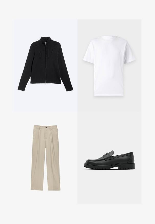 Veste noire en maille côtelée à manches longues avec col montant et fermeture éclair frontale sur un fond clair uni.; T-shirt blanc à manches courtes en coton avec un col rond, présentant une texture lisse et un design simple, sans motifs ni accents.; Pantalon beige à coupe droite, doté d'un seul bouton noir, de passants de ceinture et de poches latérales. Texture de tissu lisse et design minimaliste.; Mocassins en cuir noir à bout arrondi, avec un design cousu, une semelle plateforme basse et une semelle en caoutchouc texturée et crantée.