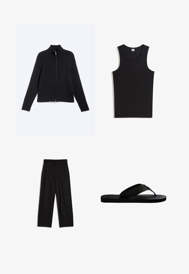 Veste noire en maille côtelée à manches longues avec col montant et fermeture éclair frontale sur un fond clair uni.; Débardeur noir en coton, doté d'un col rond et d'une coupe sans manches. Texture lisse sans motifs ni accents visibles.; Pantalon noir à coupe ample avec taille élastique et cordon de serrage, doté de poches latérales et de jambes droites, sur fond blanc.; Tongs noires avec une semelle en caoutchouc texturé, un passe-orteil en tissu et une bandoulière tissée. Design plat avec une apparence minimaliste.