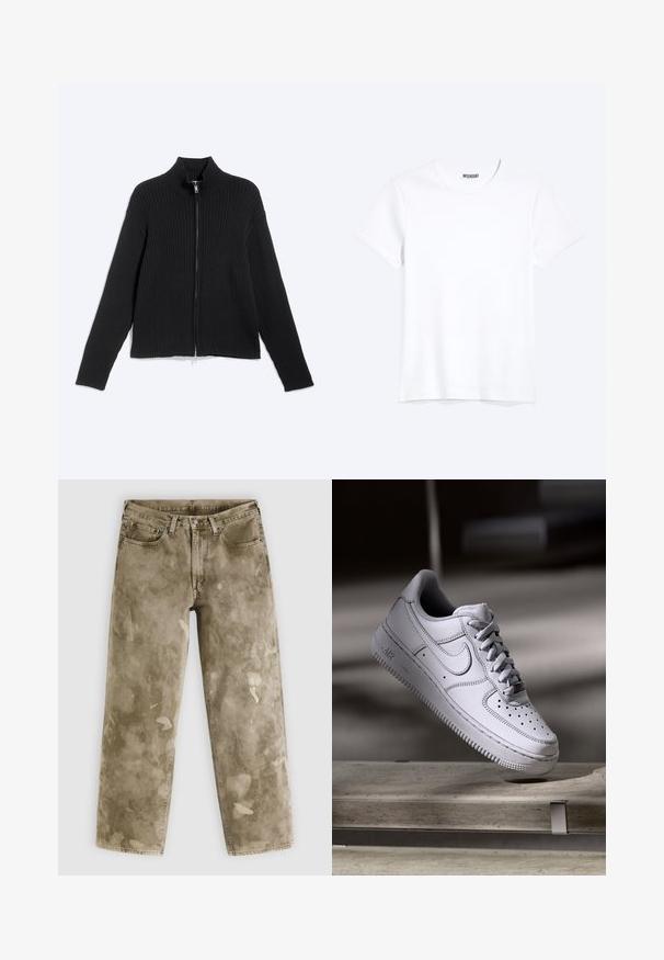 Veste noire en maille côtelée à manches longues avec col montant et fermeture éclair frontale sur un fond clair uni.; T-shirt blanc uni à manches courtes et col rond avec une étiquette de la marque WEEKDAY visible au niveau du col, présenté sur un fond clair.; Jean large couleur kaki avec une texture usée, présentant des éclaboussures de peinture claires et un design à cinq poches. Confectionné en denim.; La basket Nike Air Force 1 en cuir blanc présente un embout perforé, des lacets plats et une semelle en caoutchouc texturée avec le logo « AIR » sur le côté.