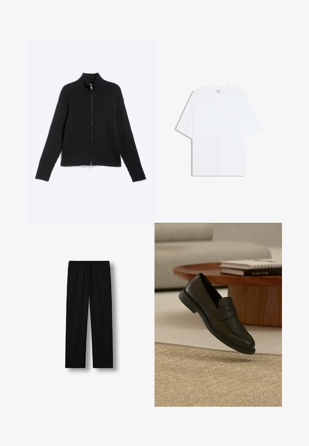 Veste noire en maille côtelée à manches longues avec col montant et fermeture éclair frontale sur un fond clair uni.; T-shirt oversize en coton blanc avec un col rond et des manches courtes ; texture lisse, sans motifs ni accents visibles.; Pantalon noir droit avec taille élastique et cordon, doté de poches latérales, présenté sur fond blanc.; Chaussure mocassin en cuir noir présentée en suspension au-dessus d'un tapis beige tissé, avec une table en bois et des livres empilés dans un salon doucement éclairé.