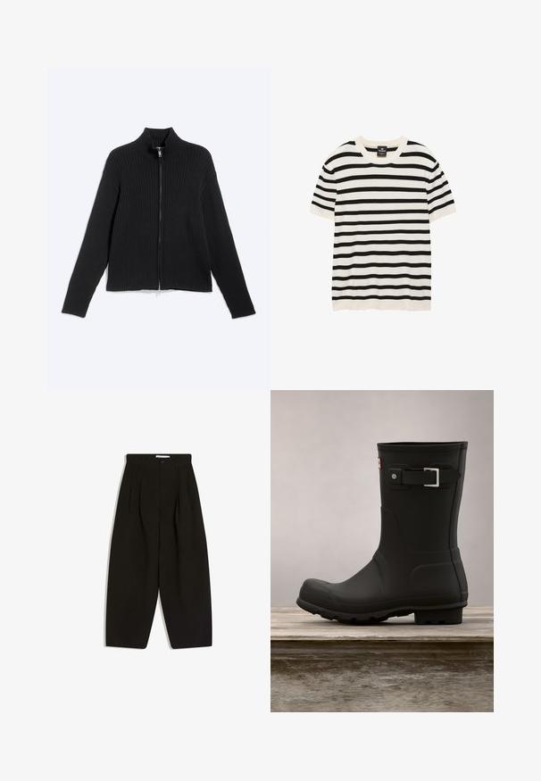 Sort ribstrikket jakke med lange ærmer, høj krave og lynlås foran på ensartet lys baggrund.; Kortærmet hvid striktrøje med sorte vandrette striber og rund halsudskæring, mærket Pull&Bear i størrelse medium.; Sorte bukser med vide ben lavet af blødt stof, med plisseret front, knaplukning og sidelommer for ekstra funktionalitet.; Sorte gummistøvler med lav hæl, rund tå og en sølv spændeaccent. Har en tekstureret sål for godt fodfæste.