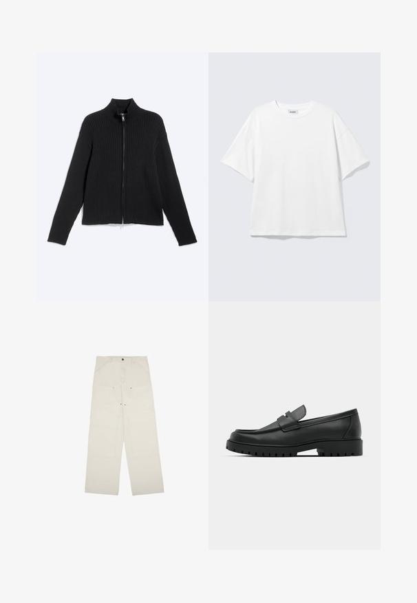 Veste noire en maille côtelée à manches longues avec col montant et fermeture éclair frontale sur un fond clair uni.; T-shirt blanc oversize à manches courtes, col rond, épaules tombantes, posé à plat sur fond gris clair.; Pantalons larges beige clair en coton, dotés de poches avant, d'une fermeture à un bouton et de détails de couture visibles.; Mocassins en cuir noir à bout arrondi, avec un design cousu, une semelle plateforme basse et une semelle en caoutchouc texturée et crantée.