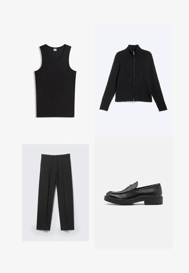 Veste noire en maille côtelée à manches longues avec col montant et fermeture éclair frontale sur un fond clair uni.; Débardeur noir en coton, doté d'un col rond et d'une coupe sans manches. Texture lisse sans motifs ni accents visibles.; Pantalon noir ajusté avec plis avant, poches latérales, passants de ceinture et fermeture par bouton à la taille sur un fond clair.; Mocassins en cuir noir avec un bout arrondi, un design à enfiler et une semelle en caoutchouc épaisse avec une texture antidérapante. Talon surélevé et détails de surpiqûre subtils.