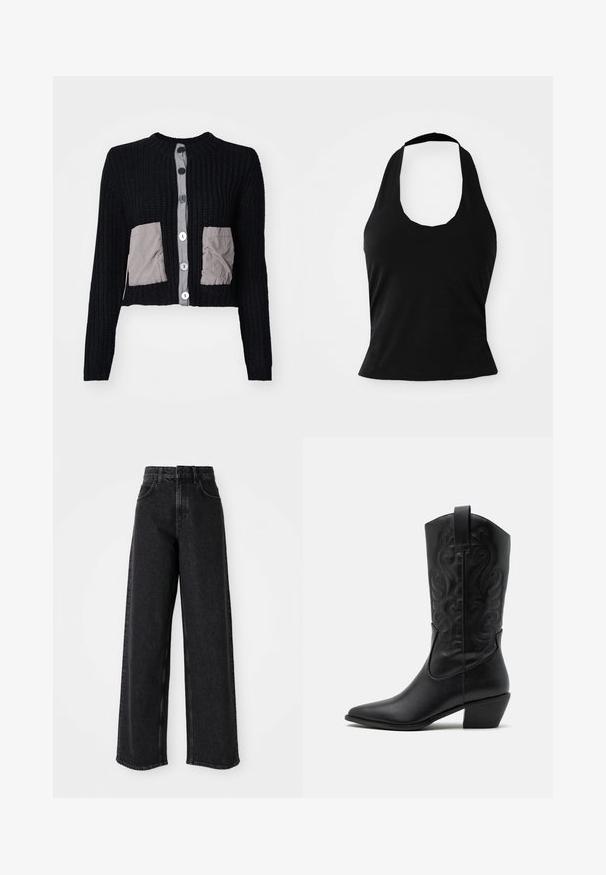Sort cropped cardigan med ribbet tekstur, grå stoflapper og store hvide knapper ned langs fronten. Rund halsudskæring og lange ærmer.; Sort halterneck top lavet af blød stof, med en scoop halsudskæring og en tætsiddende silhuet, med en glat tekstur og uden synlige mønstre.; Sorte højtaljede brede bukser lavet af denim, præget af et klassisk fem-lomme design og subtile syninger.; Sorte læder cowboystøvler med spids tå, præget svungen mønster og en mid-højde hæl. Har en trækflap for nemt at tage på.