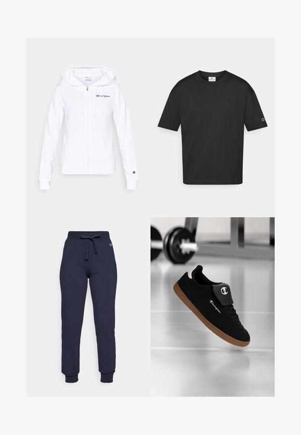 Witte hoodie met ritssluiting, gemaakt van zacht materiaal, met een voorzak, trekkoord in de capuchon en een marineblauw Champion-logo op de linkerborst.; Zwarte katoenen t-shirt met een ronde hals, korte mouwen en een klein geborduurd logo op de borst en mouw. Gladde textuur, casual pasvorm.; Navy blauwe sweatpants gemaakt van een katoenen mengsel, met een trekkoord in de taille, ribgebreide boorden en een klein logo op de heup.; Zwartbruine Champion-sneaker zwevend in de lucht in een sportschoolomgeving met een wazige halter op de achtergrond.